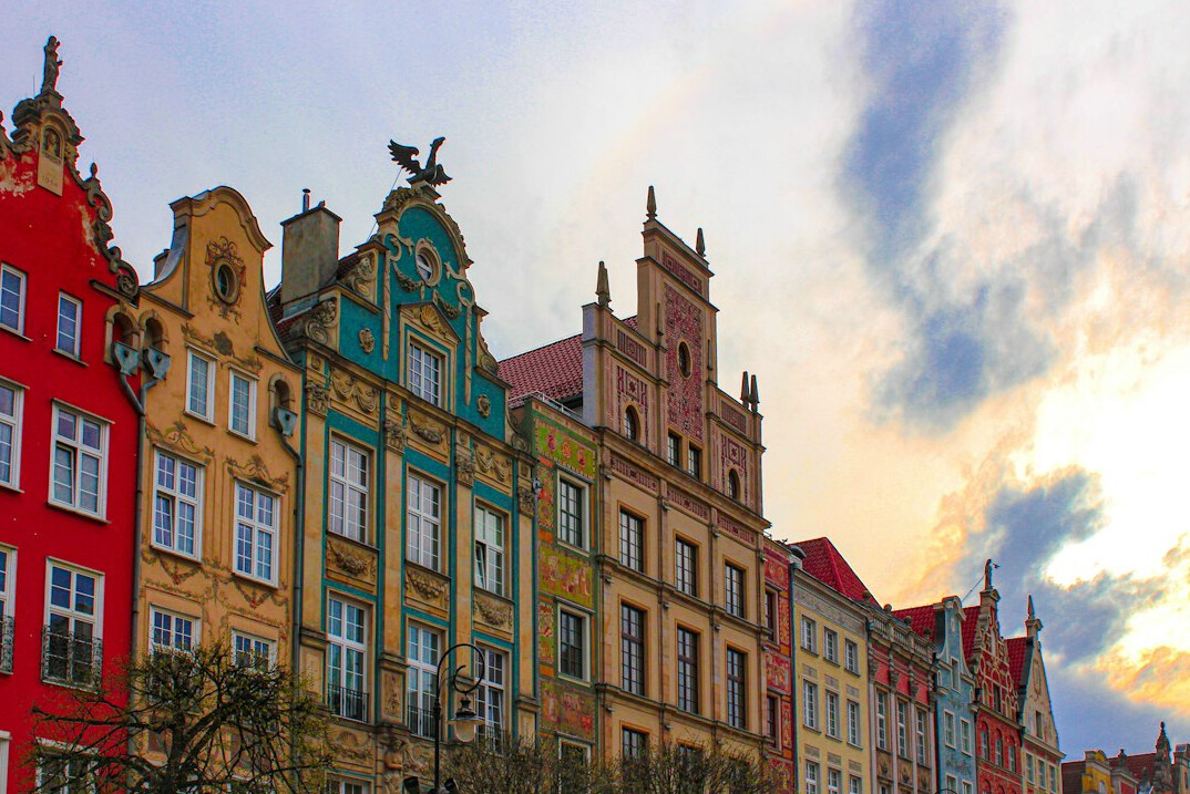 Historic Polish architecture with colorful townhouses